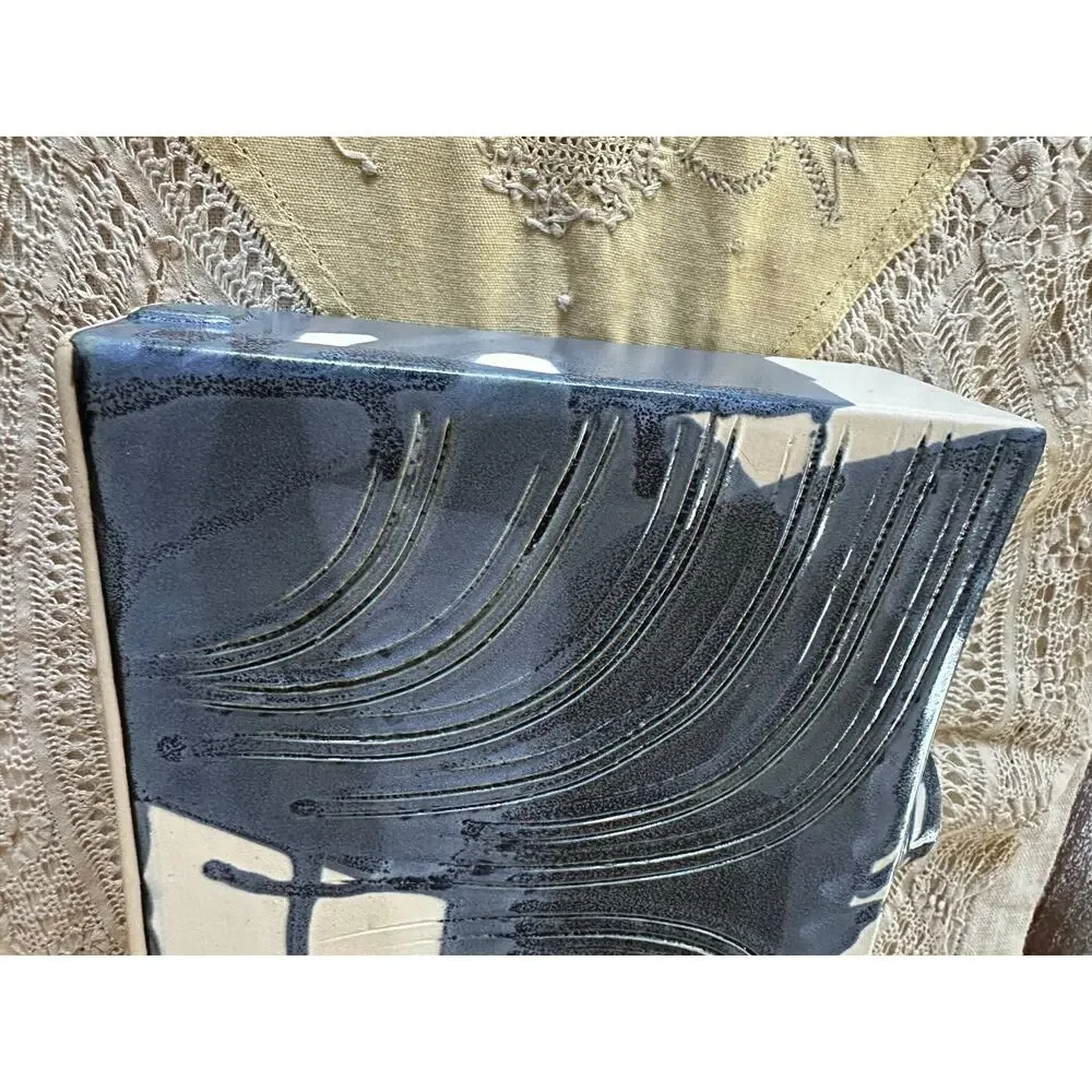 Blue Swirl Vase Rectangle Hand painted signed modern one flower 7x8.5x2.5”Asian